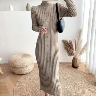 Button-up Ribbed Knit Midi Sweater Dress