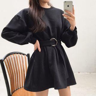 Balloon-sleeve Brushed Fleece Lined Dress With Belt