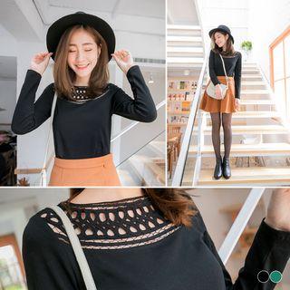 Eyelet Trim Long Sleeve T-shirt