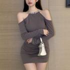 Long-sleeve Halter Cold-shoulder Mini Sheath Dress