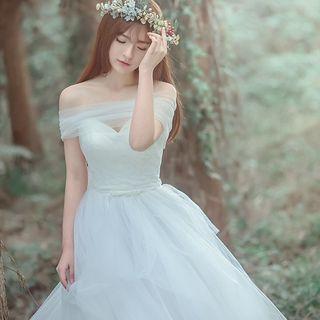 Strapless Long Train Wedding Ball Gown