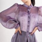 Stand-collar Puff-sleeve Sheer Blouse