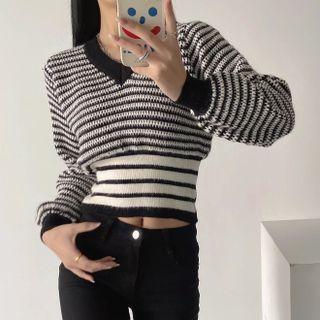 Long Sleeve V-neck Striped Crop Sweater Black - S