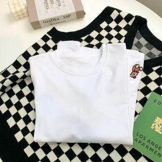 Long-sleeve Bear Embroidered T-shirt Ivory White - One Size