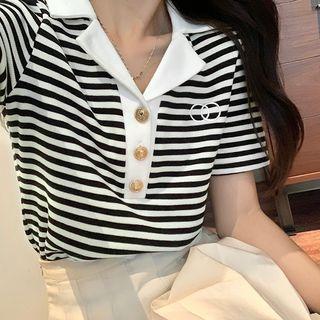 Short-sleeve Notch Lapel Striped T-shirt