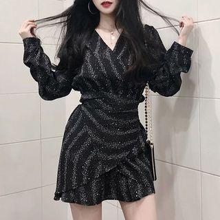 Glitter Long-sleeve Mini A-line Chiffon Dress Black - One Size