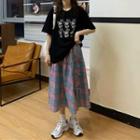 Short-sleeve Cartoon Print T-shirt / Plaid A-line Midi Skirt
