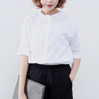 Elbow-sleeve Frilled Trim Blouse