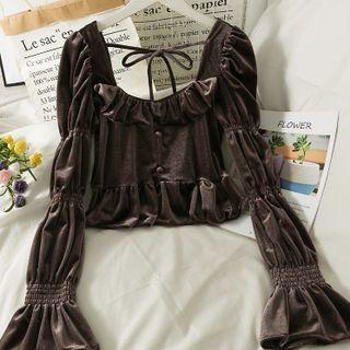 Off-shoulder Ruffle-trim Velvet Crop Top