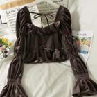 Off-shoulder Ruffle-trim Velvet Crop Top