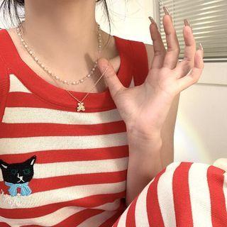 Bear Pedant Beaded Layered Necklace Gold - One Size