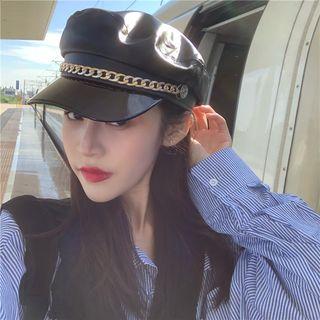 Chained Faux Leather Newsboy Cap Black - M