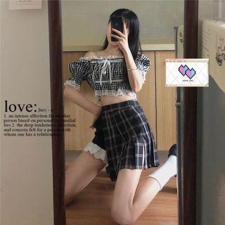 Off-shoulder Lace-trim Plaid Top + Asymmetrical Skirt With Inset Shorts