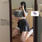 Off-shoulder Lace-trim Plaid Top + Asymmetrical Skirt With Inset Shorts