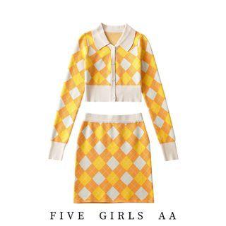 Set: Argyle Cardigan + Knit Skirt