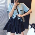Short-sleeve Contrast Trim Cropped Jacket / Plain Mini A-line Skirt