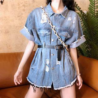 Elbow-sleeve Ripped Denim Jacket Blue - One Size