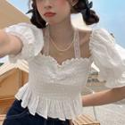 Halter Lace Puff-sleeve Chiffon Blouse White - One Size