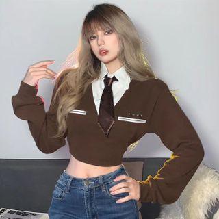 Mock Two-piece Cropped Polo Sweatshirt