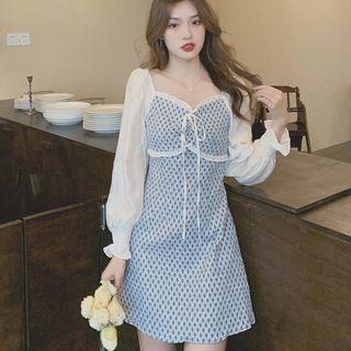 Long-sleeve Square-neck Patterned A-line Dress