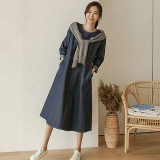 Pocket-side Stitched Long Denim Dress