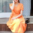 Short-sleeve Buttoned Long Dress