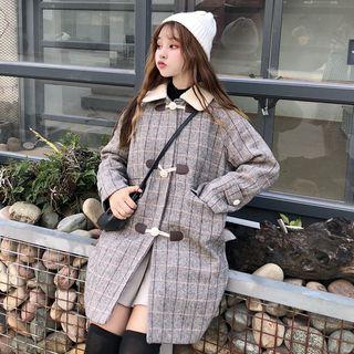 Faux Shearling Panel Check Duffle Coat
