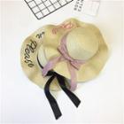 Bow Accent Lettering Woven Sun Hat