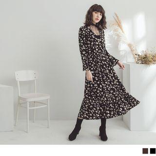 Bell Sleeve V-neck Floral Print Midi Dress