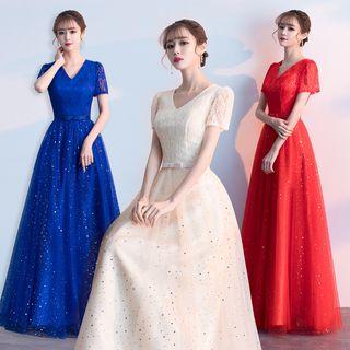 V-neck Short-sleeve Sequined A-line Evening Gown