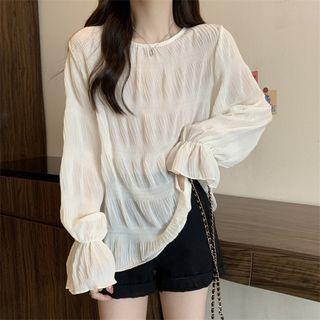 Long-sleeve Round-neck Plain Ruched Top