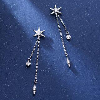 925 Sterling Silver Rhinestone Star Fringed Earring 1 Pair - S925 Silver Earring - Silver - One Size