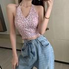 Halter-neck Leopard Print Cropped Camisole Top Pink - One Size