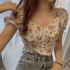 Short-sleeve Floral Print Cropped Blouse As Shown In Figure - One Size