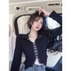 Long-sleeve Collar Crop Top Black - One Size
