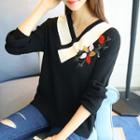 Flower Embroidered V-neck Sweater