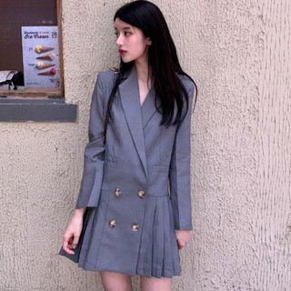 Long-sleeve Double Breasted Pleated Mini Dress