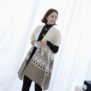 Patterned Wool Blend Long Cape Cardigan