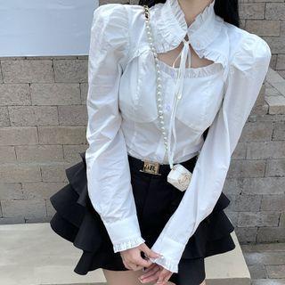 Long-sleeve Ruffle Trim Cut-out Blouse