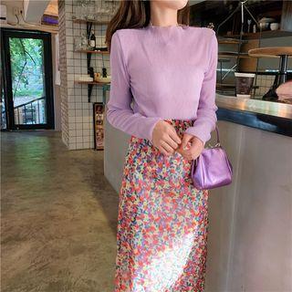 Mock-neck Long-sleeve Mesh Top / Cable-knit Cardigan / Flower Print Midi A-line Skirt