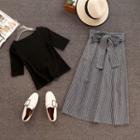 Set: Short-sleeve Plain Top + Midi Striped A-line Skirt