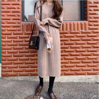 Long-sleeve Plain Knit Dress Oatmeal - One Size
