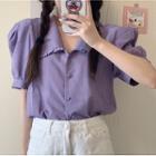 Puff-sleeve Frill Trim Wide-collar Blouse