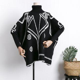 Dolman-sleeved Turtleneck Printed Knit Sweater