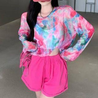 Long-sleeve Tie-dye Sheer Top / Shorts