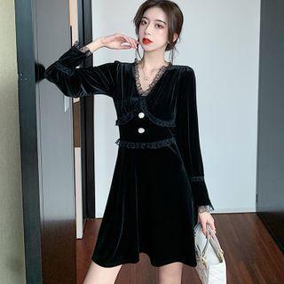 Long-sleeve V-neck Plain Lace Panel Velvet A-line Dress