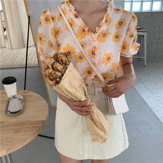 Floral Printed Puff-sleeve Blouse As Shown In Figure - One Size