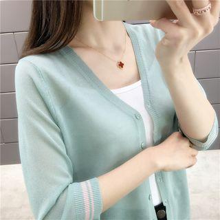 3/4-sleeve Striped Trim Cardigan