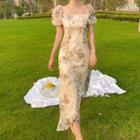 Floral Print Puff-sleeve Sheath Midi Dress