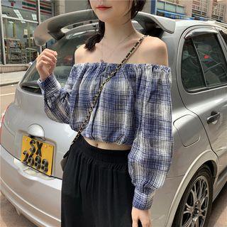 Long-sleeve Off-shoulder Plaid Crop Top Blue - One Size